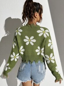 SHEIN EZwear Áo len dài tay họa tiết hoa, kiểu dáng vai rớt, phong cách bụi bặm, thích hợp mặc mùa thu đông. - màu xanh lá - Xem 2