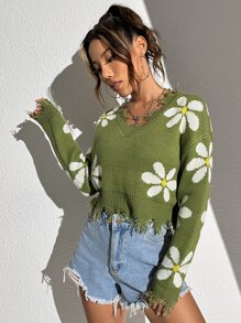 SHEIN EZwear Áo len dài tay họa tiết hoa, kiểu dáng vai rớt, phong cách bụi bặm, thích hợp mặc mùa thu đông. - màu xanh lá - Xem 3