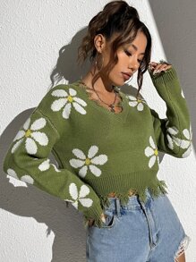 SHEIN EZwear Áo len dài tay họa tiết hoa, kiểu dáng vai rớt, phong cách bụi bặm, thích hợp mặc mùa thu đông. - màu xanh lá - Xem 4