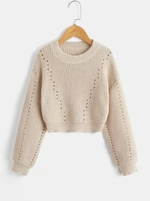 SHEIN Girls Eyelet Detail Drop Shoulder Jumper - Khaki - View 1