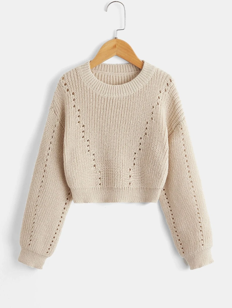 SHEIN Girls Eyelet Detail Drop Shoulder Jumper - Khaki - View 1