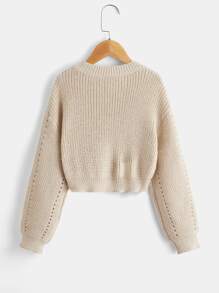 SHEIN Girls Eyelet Detail Drop Shoulder Jumper - Khaki - View 2