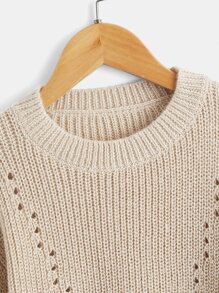 SHEIN Girls Eyelet Detail Drop Shoulder Jumper - Khaki - View 3
