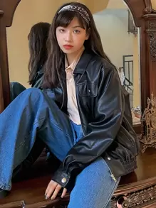 DAZY Chaqueta de PU con bolsillo con solapa y hombros caídos, ropa de mujer de otoño - Negro - Ver 1