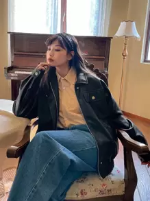 DAZY Chaqueta de PU con bolsillo con solapa y hombros caídos, ropa de mujer de otoño - Negro - Ver 4