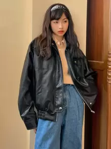 DAZY Chaqueta de PU con bolsillo con solapa y hombros caídos, ropa de mujer de otoño - Negro - Ver 5