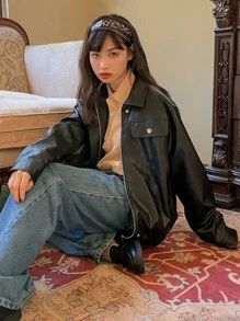 DAZY Chaqueta de PU con bolsillo con solapa y hombros caídos, ropa de mujer de otoño - Negro - Ver 7