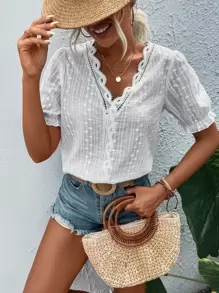 Breezaya Eyelet Embroidery Contrast Lace Puff Sleeve Blouse - White - View 1