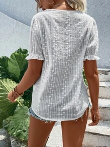 Breezaya Eyelet Embroidery Contrast Lace Puff Sleeve Blouse - White - View 2