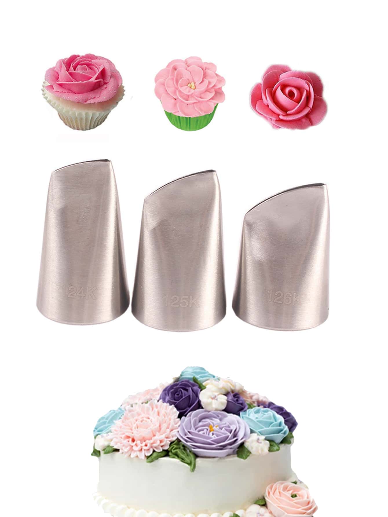 3pcs/set Stainless Steel Rose Shaped Piping Nozzles For Diy Baking - Silver - View 1