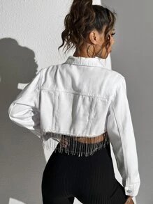 SHEIN Rhinestone Fringe Trim Crop Denim Jacket - White - View 2