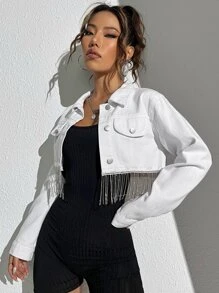 SHEIN Rhinestone Fringe Trim Crop Denim Jacket - White - View 3