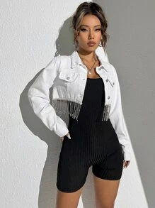 SHEIN Rhinestone Fringe Trim Crop Denim Jacket - White - View 4
