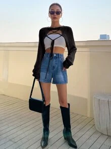 DAZY 1 chiếc áo crop top tay dài thắt nút chéo phía trước - màu đen - Xem 3