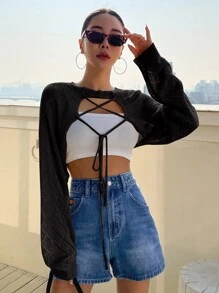 DAZY 1 chiếc áo crop top tay dài thắt nút chéo phía trước - màu đen - Xem 4