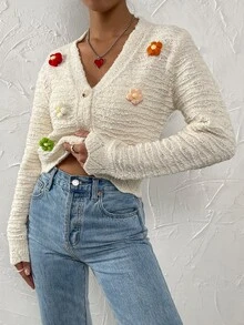 Floral Patched Scallop Trim Cardigan - Beige - View 6