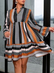 SHEIN LUNE Vestido con estampado de retazo de manga con volante bajo con fruncido - Naranja - Ver 5