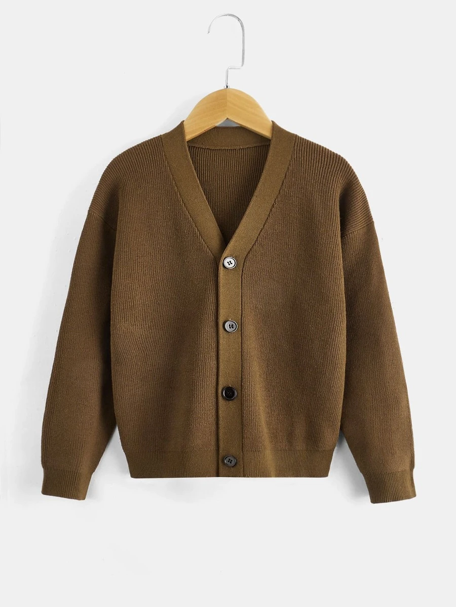 Niños Cárdigan tejido de canalé de hombros caídos - Café integral - Ver 1