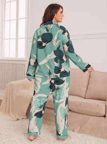 Plus Floral Print Contrast Piping Blouse & Trousers PJ Set - Cadet Blue - View 2