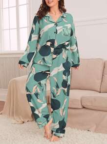 Plus Floral Print Contrast Piping Blouse & Trousers PJ Set - Cadet Blue - View 3