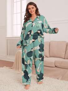 Plus Floral Print Contrast Piping Blouse & Trousers PJ Set - Cadet Blue - View 4