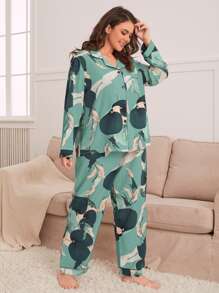 Plus Floral Print Contrast Piping Blouse & Trousers PJ Set - Cadet Blue - View 5