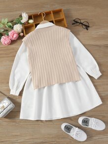 SHEIN Tween女孩主教袖襯衫連衣裙＆側面開衩毛衣背心
