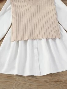 SHEIN Tween女孩主教袖襯衫連衣裙＆側面開衩毛衣背心
