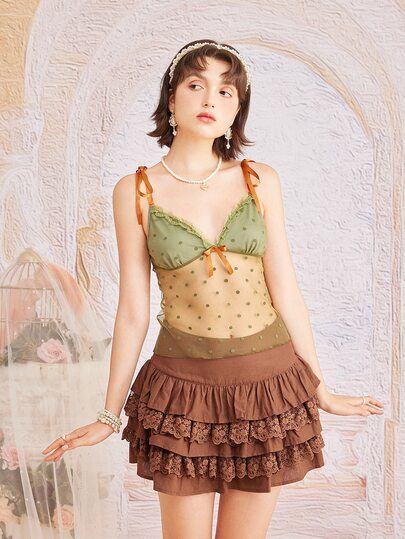 قميص صيفي للنساء من البولكا دوت مع جزء علوي مطبع بشبكة