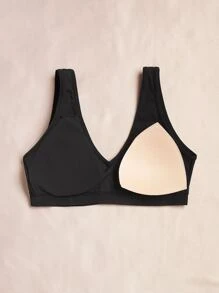 Ribbed Knit Wireless Bra - Black - View 6