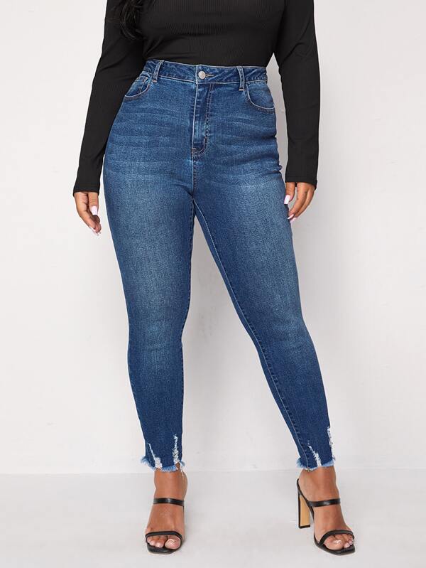 SHEIN LUNE Plus High Waist Ripped Frayed Hem Skinny Jeans