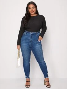 SHEIN LUNE 大碼高腰破洞磨損邊緊身牛仔褲 - 深色水洗藍 - 查看 3