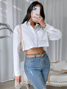 SHEIN 素色前紐扣口袋貼布短款襯衫 - 白色 - 查看 1