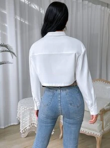 SHEIN 素色前紐扣口袋貼布短款襯衫 - 白色 - 查看 2