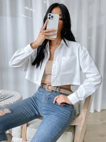 SHEIN 素色前紐扣口袋貼布短款襯衫 - 白色 - 查看 4