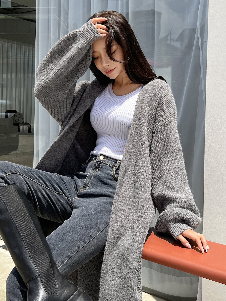 DAZY Drop Shoulder Ribbed Knit Duster Cardigan - Grey - View 1