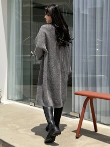 DAZY Drop Shoulder Ribbed Knit Duster Cardigan - Grey - View 2