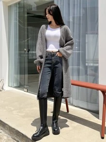 DAZY Drop Shoulder Ribbed Knit Duster Cardigan - Grey - View 6