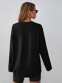 SHEIN EZwear Áo thun tay dài in chữ thoải mái, mùa thu - màu đen - Xem 2