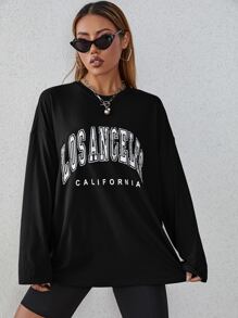 SHEIN EZwear Áo thun tay dài in chữ thoải mái, mùa thu - màu đen - Xem 4