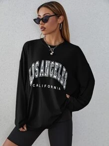 SHEIN EZwear Áo thun tay dài in chữ thoải mái, mùa thu - màu đen - Xem 5