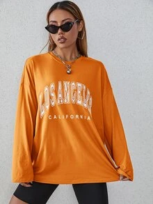 SHEIN EZwear Letter Graphic Drop Shoulder Oversized Tee - Orange - View 4