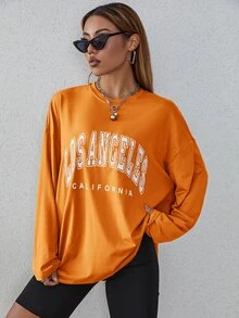 SHEIN EZwear Letter Graphic Drop Shoulder Oversized Tee - Orange - View 5