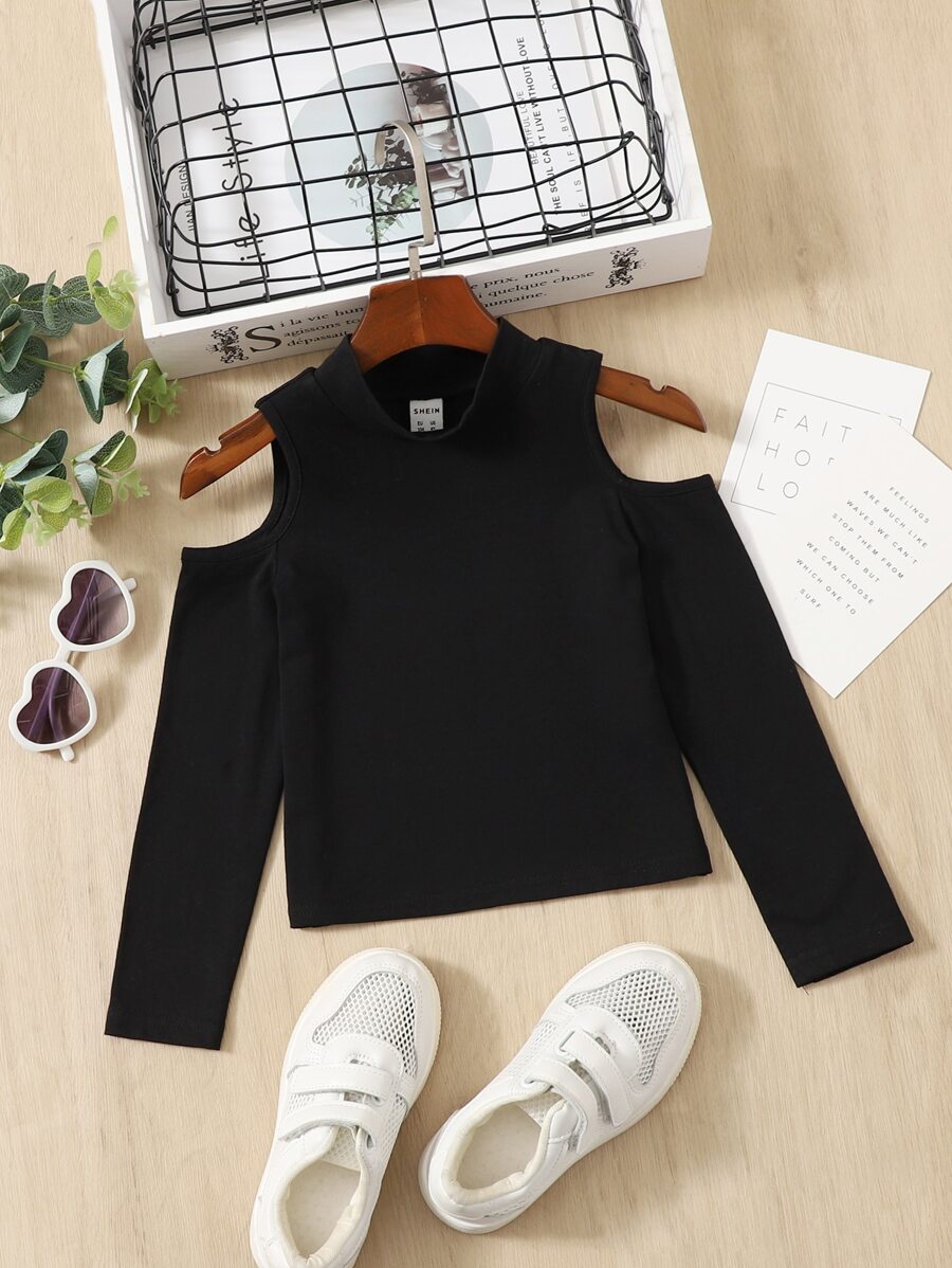 SHEIN Young Girl Casual Solid Color Knitted Soft Open Shoulder Half-High Collar Long Sleeve Top - Black - View 1