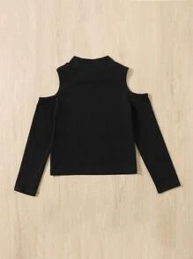 SHEIN Young Girl Casual Solid Color Knitted Soft Open Shoulder Half-High Collar Long Sleeve Top - Black - View 2