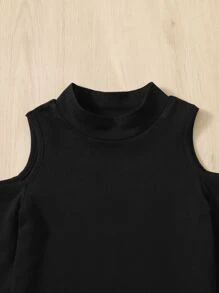 SHEIN Young Girl Casual Solid Color Knitted Soft Open Shoulder Half-High Collar Long Sleeve Top - Black - View 3