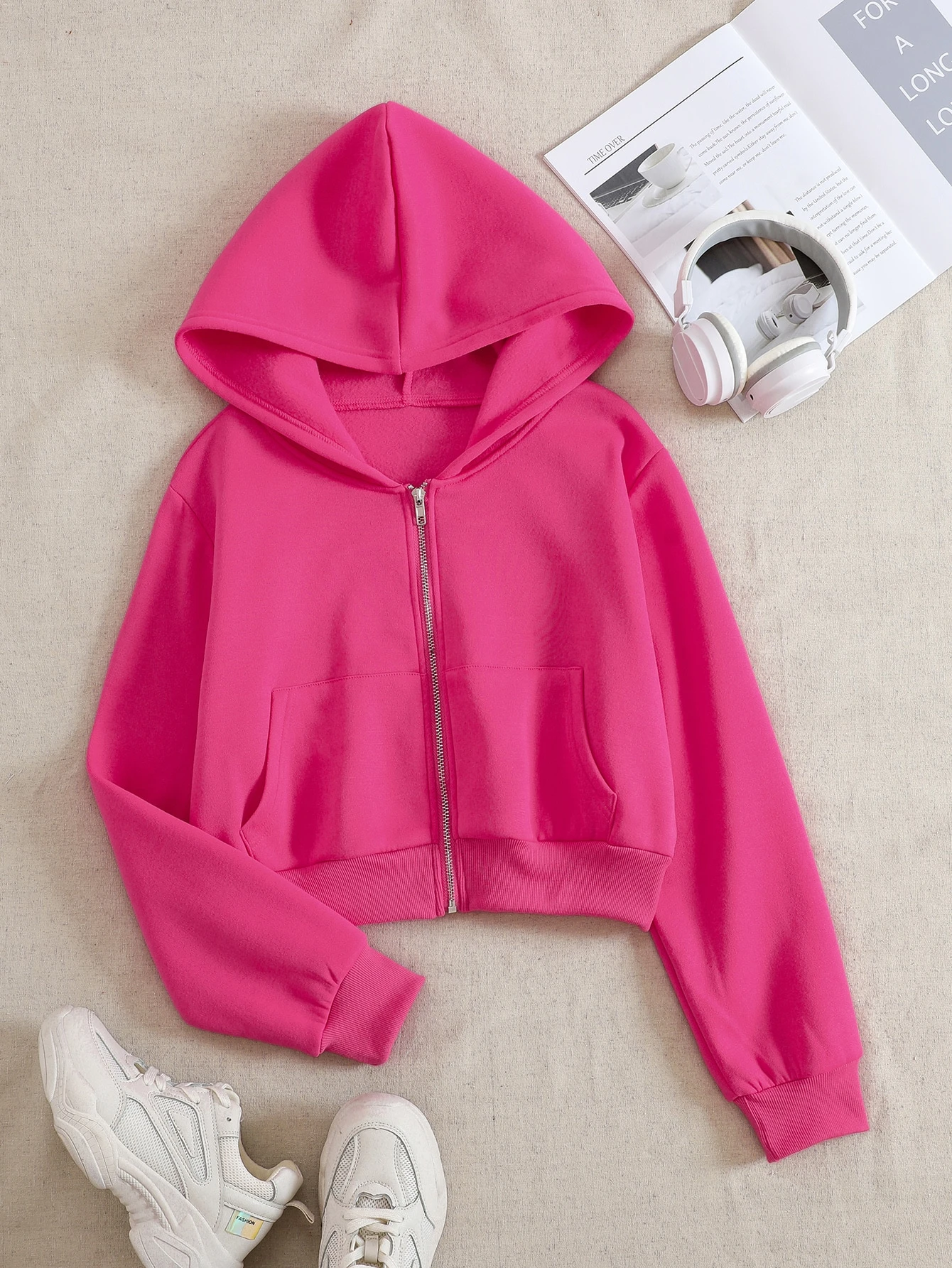 SHEIN EZwear Solid Zip Up Drop Shoulder Thermal Lined Crop Hoodie | SHEIN  Singapore