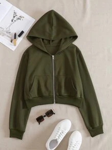 SHEIN EZwear 素色拉鏈開襟落肩袖短款連帽衫 - 軍綠色 - 查看 1