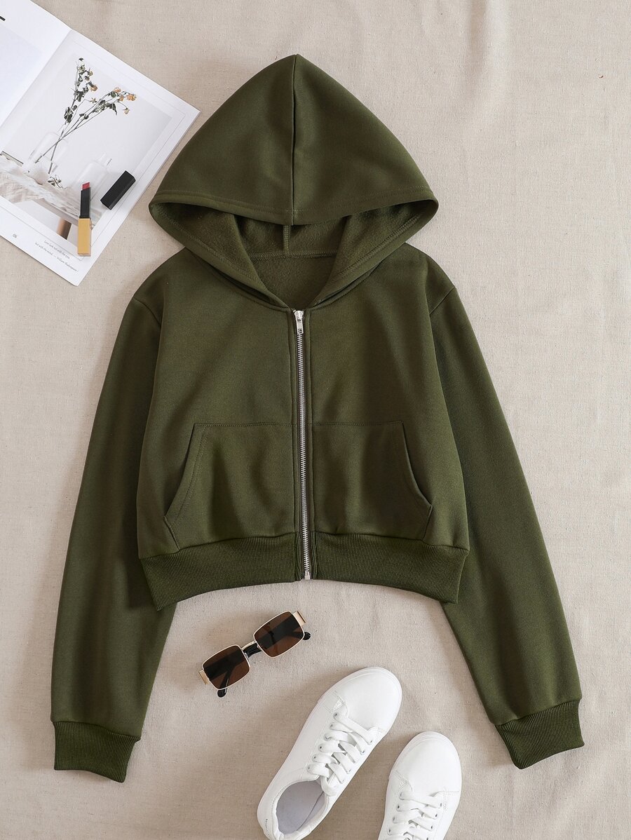 SHEIN EZwear 素色拉鏈開襟落肩袖短款連帽衫 - 軍綠色 - 查看 1