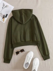 SHEIN EZwear 素色拉鏈開襟落肩袖短款連帽衫 - 軍綠色 - 查看 2